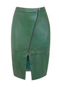 green leather skirt with zipped front